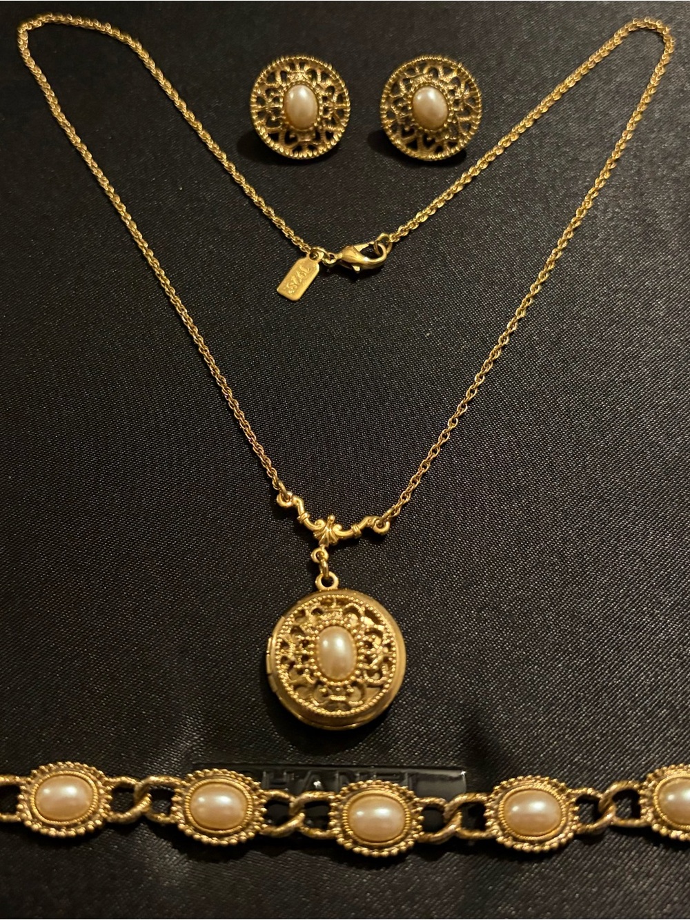 1928 Gold-Tone Pearl Filigree locket Necklace, Bracelet & Earrings Set